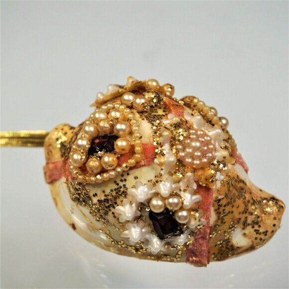 Vintage Christmas Ornament Seashell Beaded Mica Ribbon UNIQUE - Picture 4 of 11